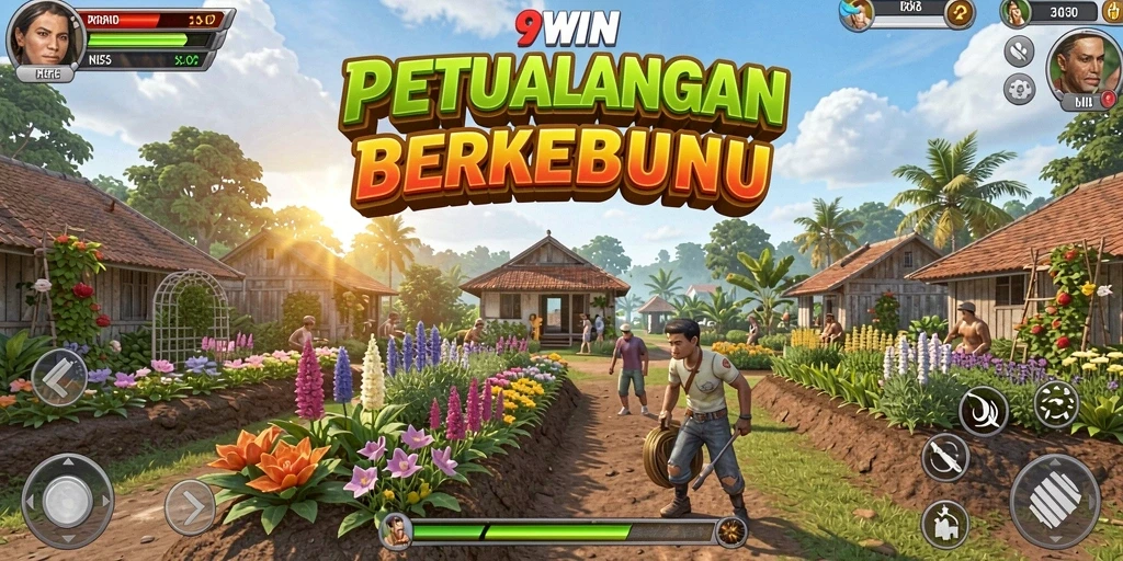Tampilan gameplay 9WIN dengan ladang yang subur dan berwarna-warni.