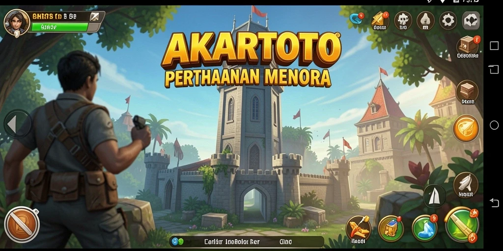 Tampilan gameplay menegangkan di AKARTOTO dengan berbagai menara dan musuh.