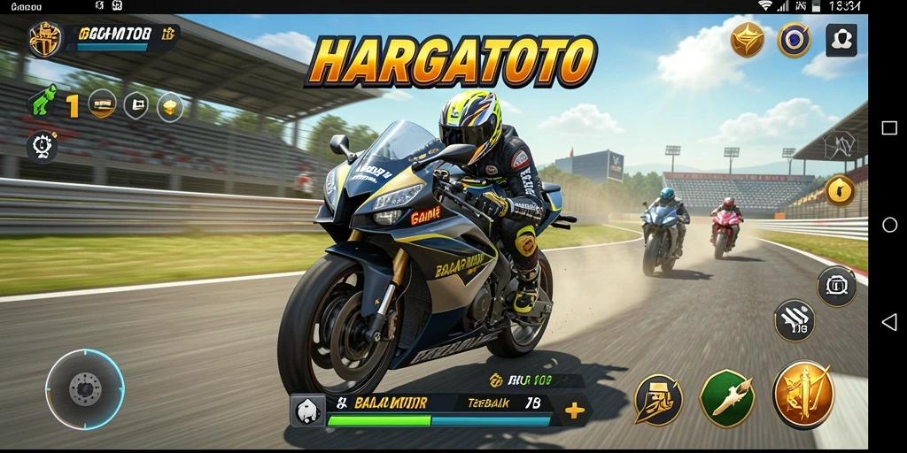 Gameplay HARGATOTO dengan balapan motor yang seru dan menegangkan.
