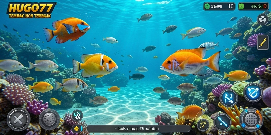 Tampilan gameplay seru HUGO77 dengan karakter dan ikan menarik.
