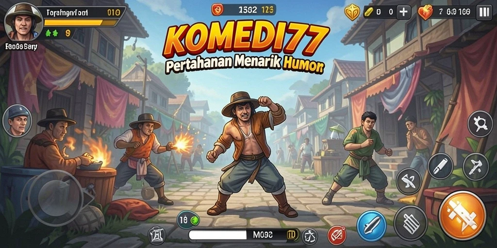 Screenshot gameplay KOMEDI77 dengan menara pertahanan yang kreatif.