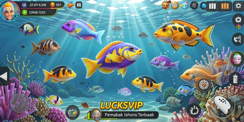 Tampilan gameplay LUCKSVIP dengan berbagai ikan untuk ditangkap.