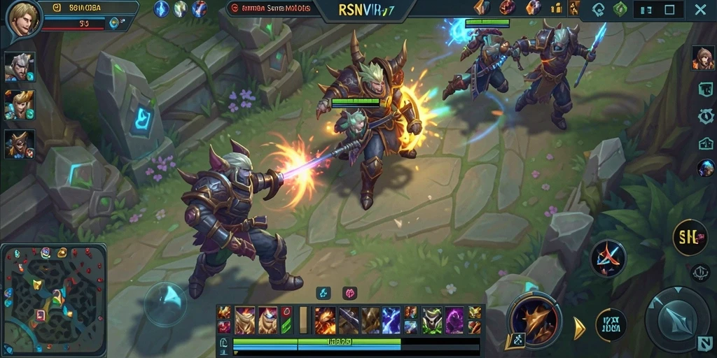 Screenshot RSNVIP7 menampilkan aksi pertarungan tim yang seru dalam format MOBA.