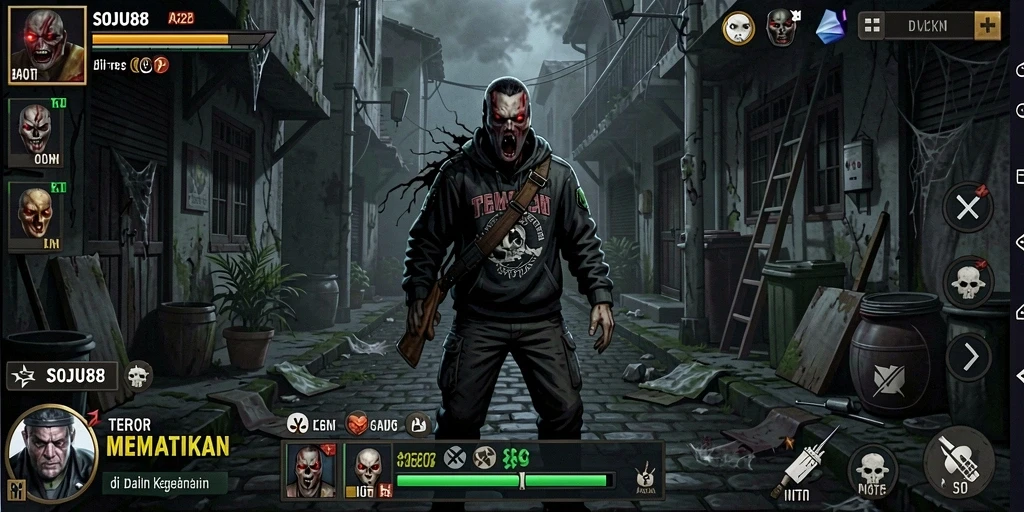 Screenshot gameplay SOJU88 yang menampilkan suasana mencekam.