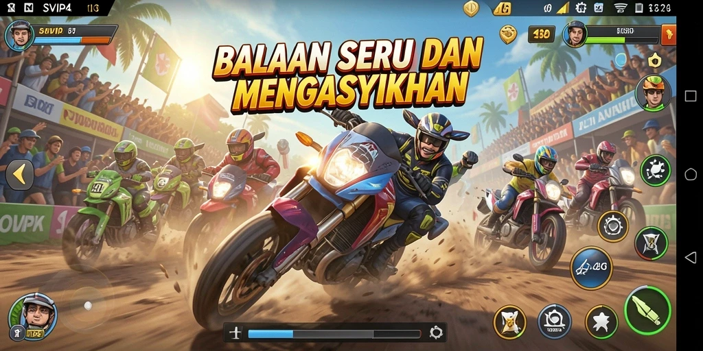 Screenshot gameplay SVIP4 yang menampilkan balapan seru dan mobil berkecepatan tinggi.